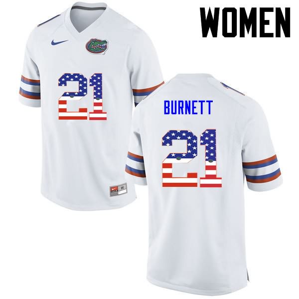 Women's NCAA Florida Gators McArthur Burnett #21 Stitched Authentic USA Flag Fashion Nike White College Football Jersey KDZ0465ZC